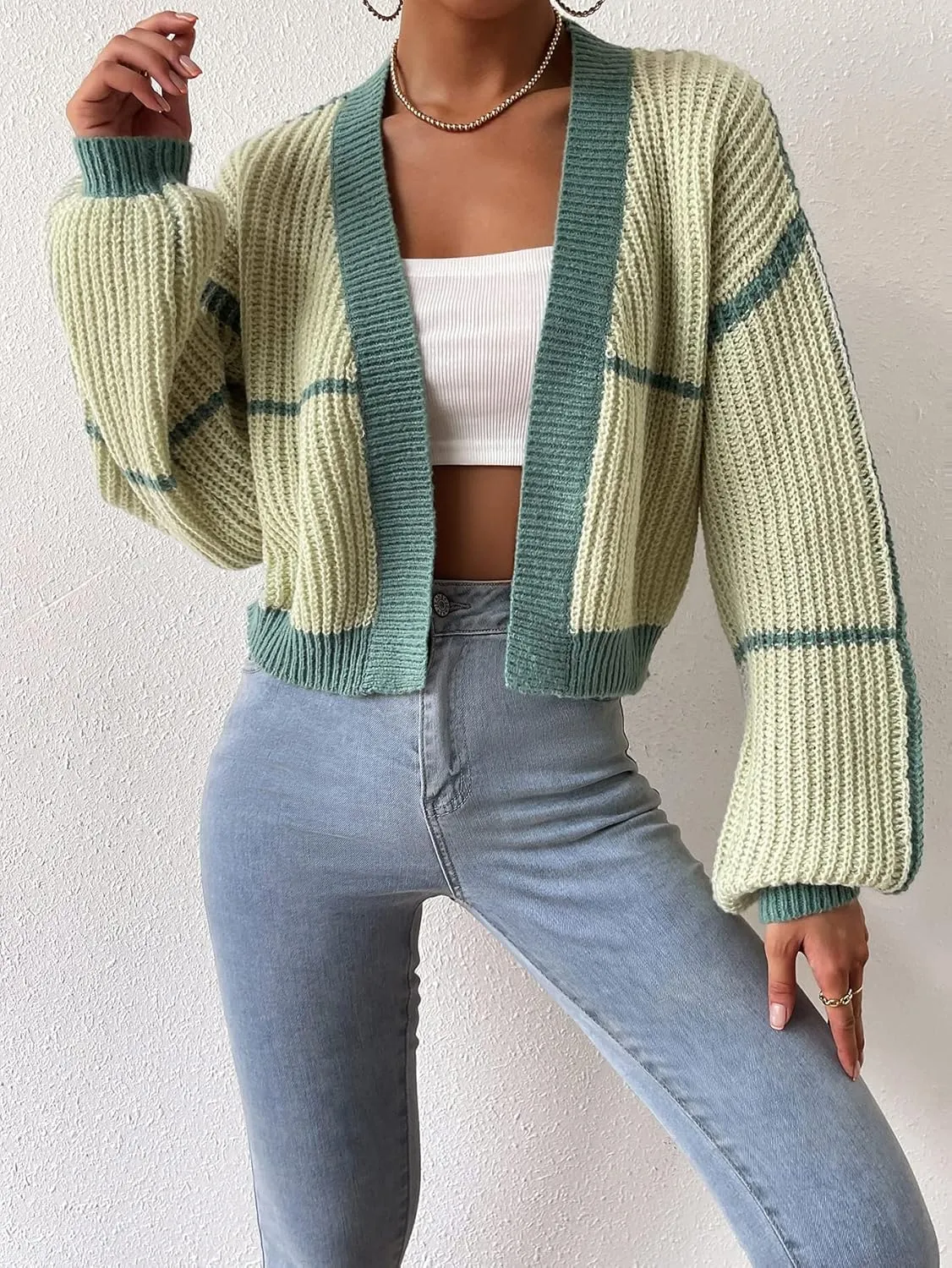 COZYEASE Women's Color Block Crop Cardigan Top Bishop Long Sleeve Open Front Sweater