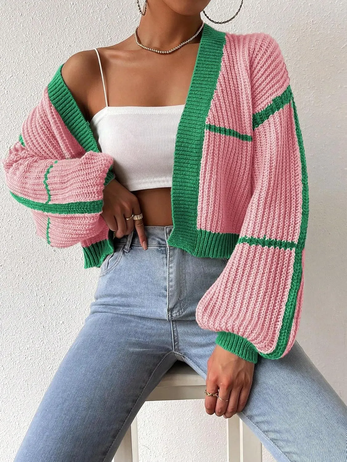 COZYEASE Women's Color Block Crop Cardigan Top Bishop Long Sleeve Open Front Sweater