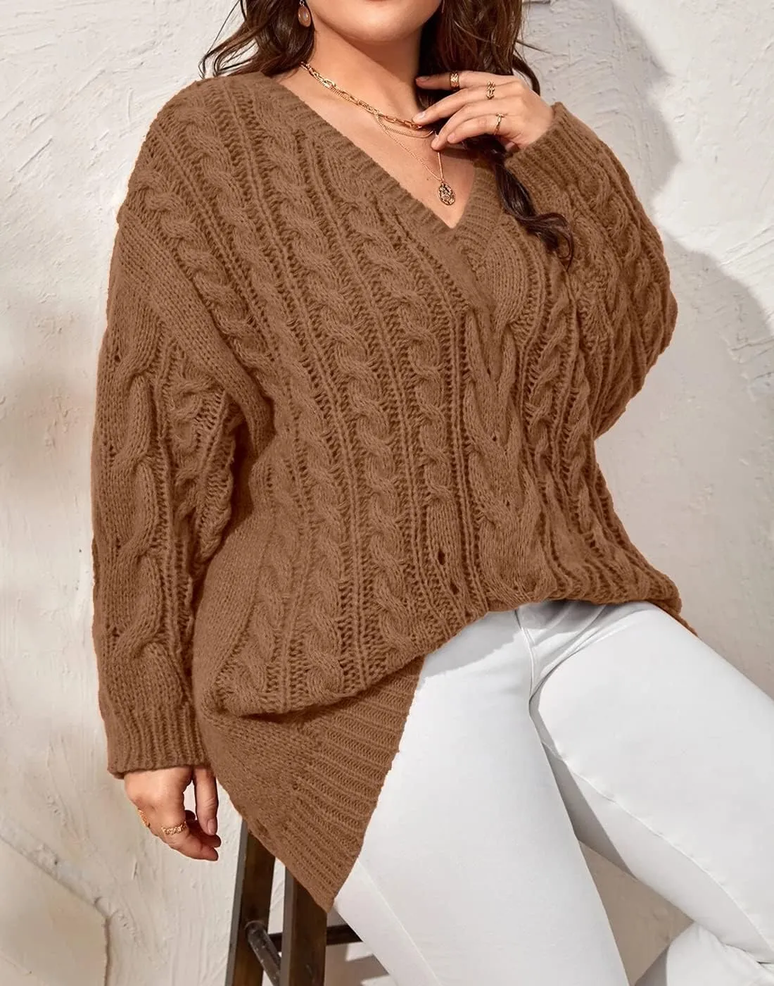 Dyexces Plus Size Sweaters for Women V Neck Long Sleeve Cable Knit Sweaters Casual Fall Sweaters Soft Jumper Tops