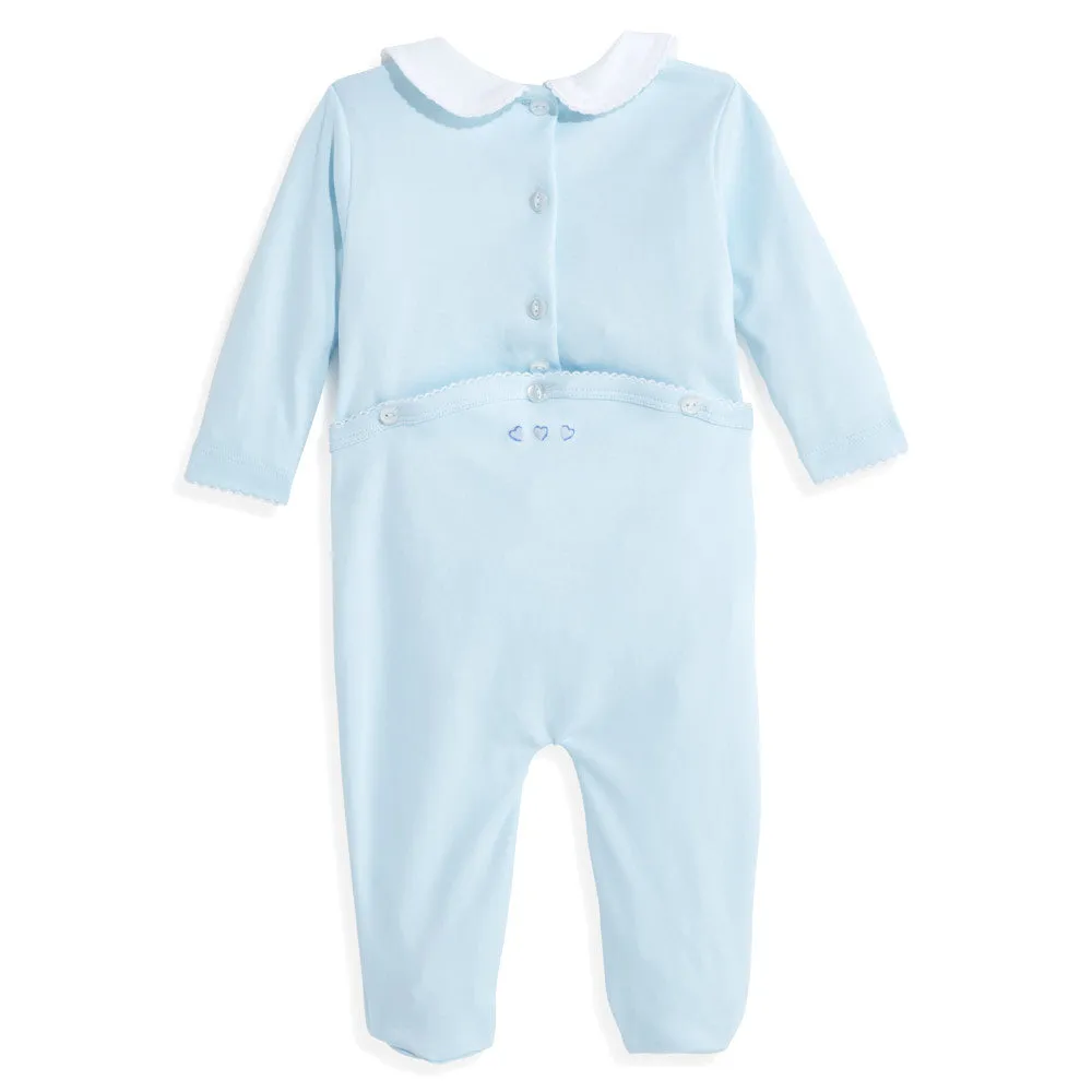 Embroidered Collared Pima Footie -- Blue w/ Blue Hearts