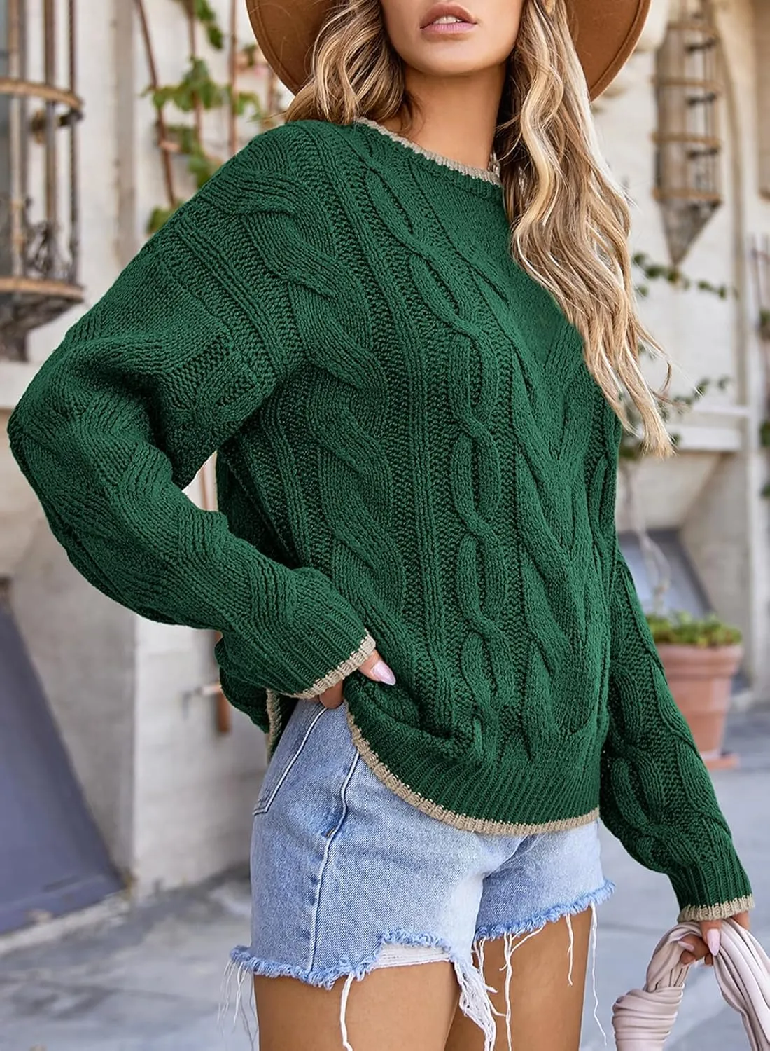 EVALESS Sweaters for Women Trendy Crewneck Long Sleeve Color Block Sweater Tops Fall 2024 Chunky Cable Knit Pullover Sweaters
