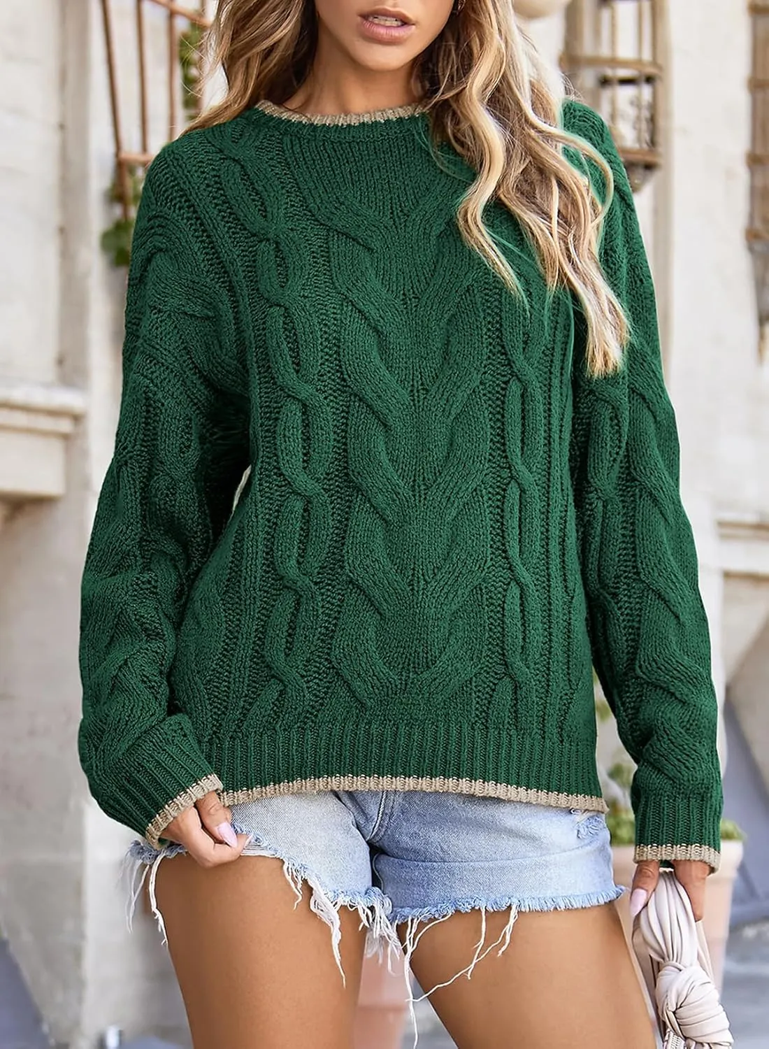 EVALESS Sweaters for Women Trendy Crewneck Long Sleeve Color Block Sweater Tops Fall 2024 Chunky Cable Knit Pullover Sweaters