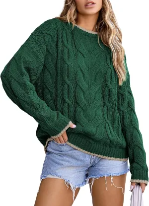 EVALESS Sweaters for Women Trendy Crewneck Long Sleeve Color Block Sweater Tops Fall 2024 Chunky Cable Knit Pullover Sweaters