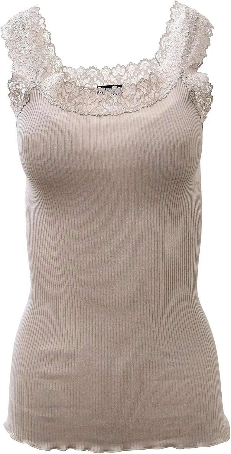 free spirit Basic Cotton Premium Quality 100% Cotton Women's Lace Trim Tank Top. Proudly Made in Italy.