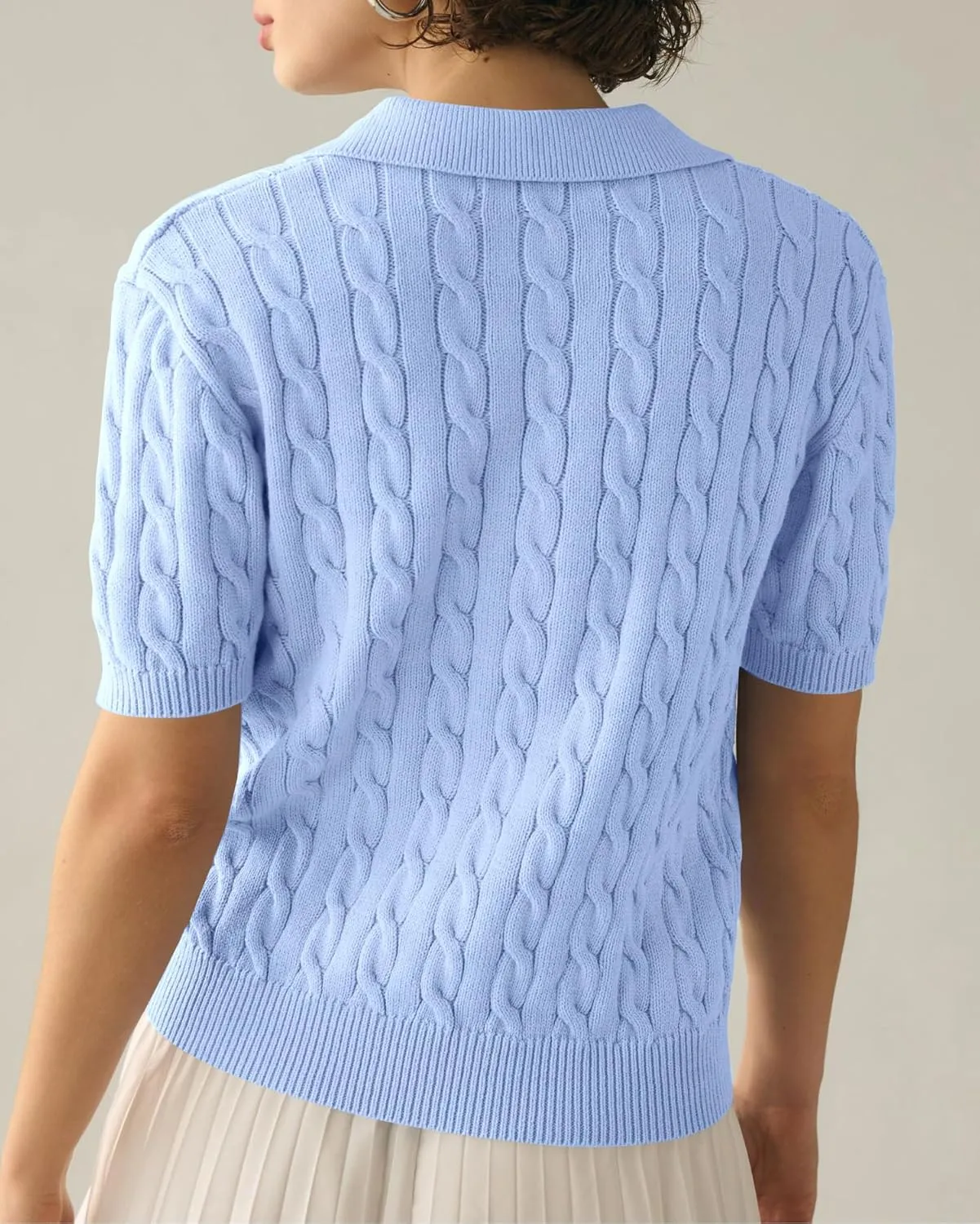 Imily Bela Women's Cable Short Sleeve Sweaters Tops Solid Lapel V Neck Knit Casual Soft Pullover Shirt