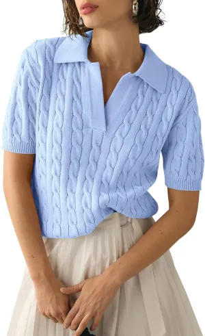 Imily Bela Women's Cable Short Sleeve Sweaters Tops Solid Lapel V Neck Knit Casual Soft Pullover Shirt