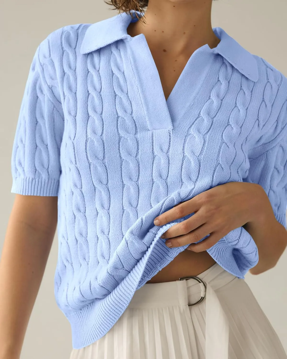 Imily Bela Women's Cable Short Sleeve Sweaters Tops Solid Lapel V Neck Knit Casual Soft Pullover Shirt