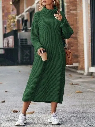 IVERIRMIN Women's Oversized Solid Midi Sweater Dress, Fall/Winter/Spring Fashion Turtleneck Pull-on Long Sleeve Knit Dress