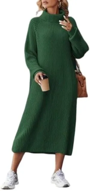 IVERIRMIN Women's Oversized Solid Midi Sweater Dress, Fall/Winter/Spring Fashion Turtleneck Pull-on Long Sleeve Knit Dress