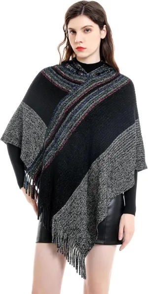 LittleMax Women's Open Front Boho Cardigan Oversized Knitted Shawl Wrap Cape Sweater Plaid Tassel Poncho (Black-258, One-Size)
