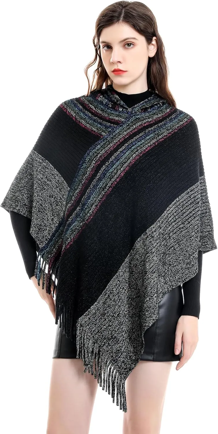 LittleMax Women's Open Front Boho Cardigan Oversized Knitted Shawl Wrap Cape Sweater Plaid Tassel Poncho (Black-258, One-Size)