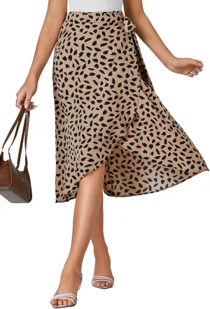 LYANER Women's Floral Print Wrap Front Self Tie Knot Ruffle Hem Split Midi Skirt