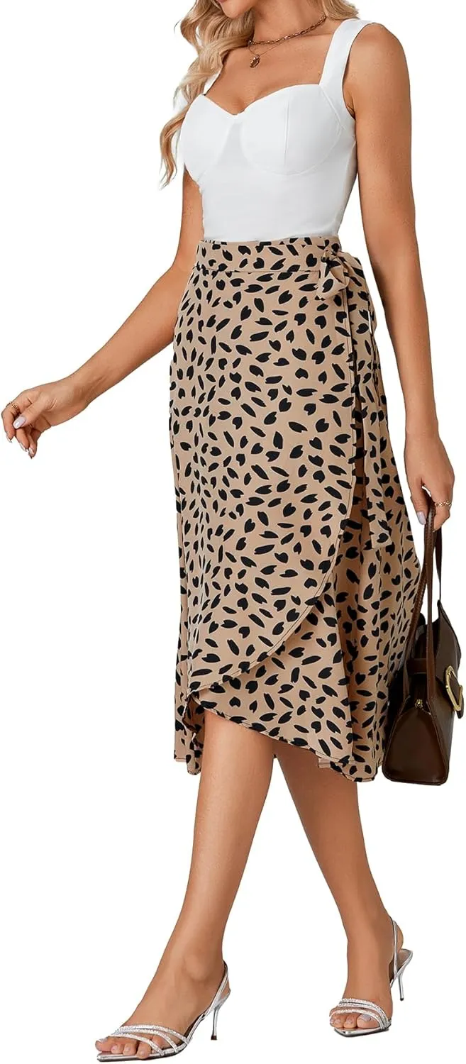 LYANER Women's Floral Print Wrap Front Self Tie Knot Ruffle Hem Split Midi Skirt