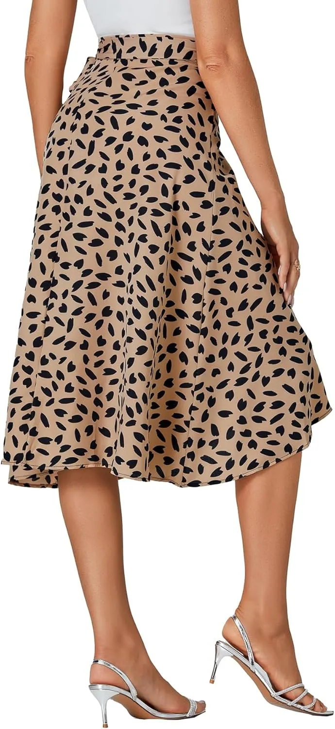 LYANER Women's Floral Print Wrap Front Self Tie Knot Ruffle Hem Split Midi Skirt