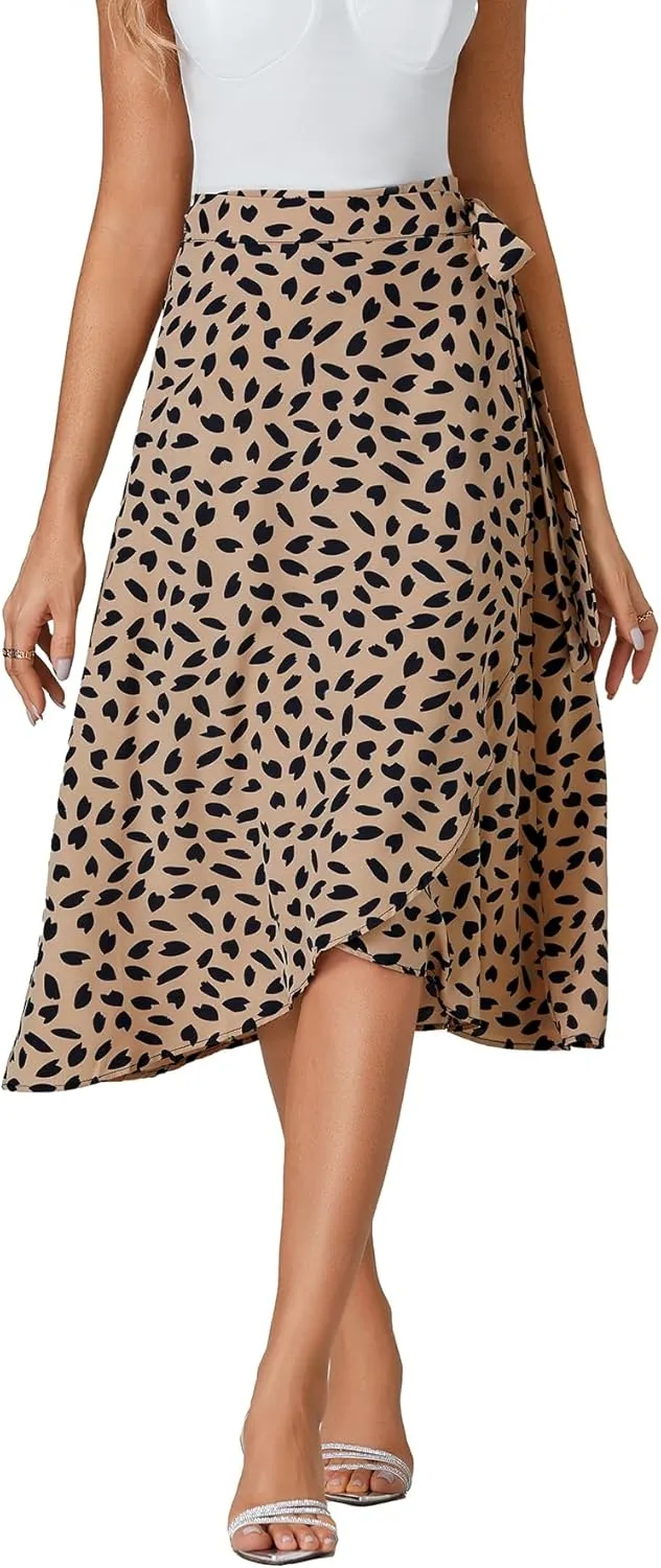 LYANER Women's Floral Print Wrap Front Self Tie Knot Ruffle Hem Split Midi Skirt