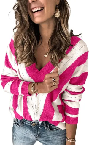 Necooer Womens Sweater Pullover Casual Long Sleeve Crewneck Color Block Pullover Knit Sweater for Women