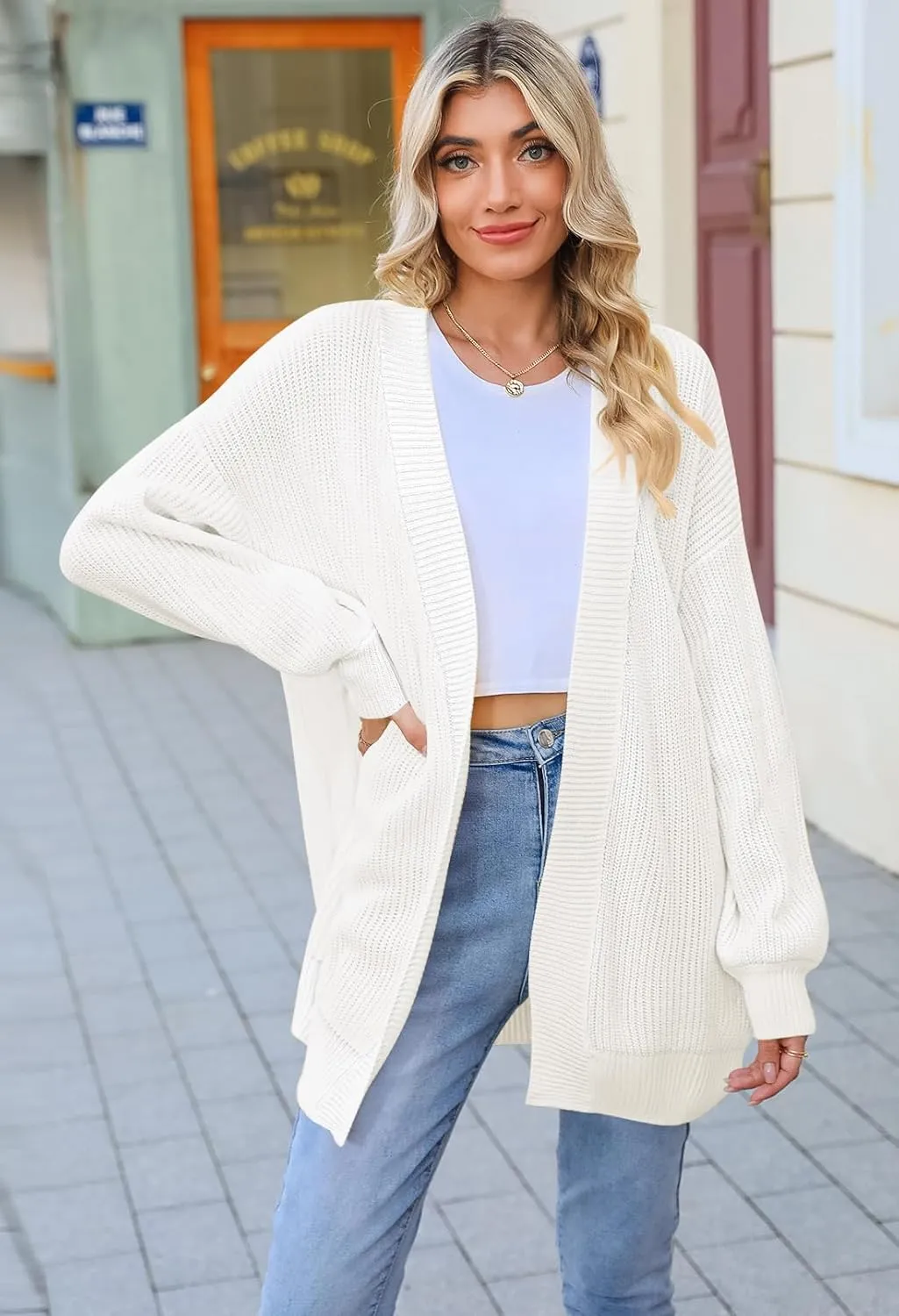 Pink Queen 2024 Fall Long Cardigans for Women Batwing Sleeve Open Front Ribbed Knit Oversized Cardigan Sweaters with Pockets