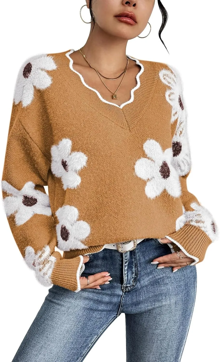 Pink Queen Women's Oversized V Neck Fuzzy Sweaters 2024 Casual Loose Long Sleeve Chunky Knit Pullover Jumper Tops