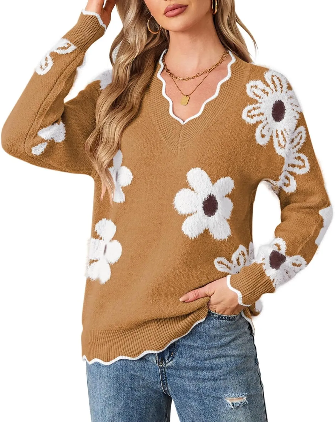 Pink Queen Women's Oversized V Neck Fuzzy Sweaters 2024 Casual Loose Long Sleeve Chunky Knit Pullover Jumper Tops