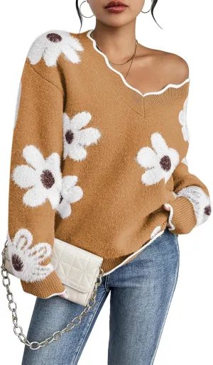 Pink Queen Women's Oversized V Neck Fuzzy Sweaters 2024 Casual Loose Long Sleeve Chunky Knit Pullover Jumper Tops