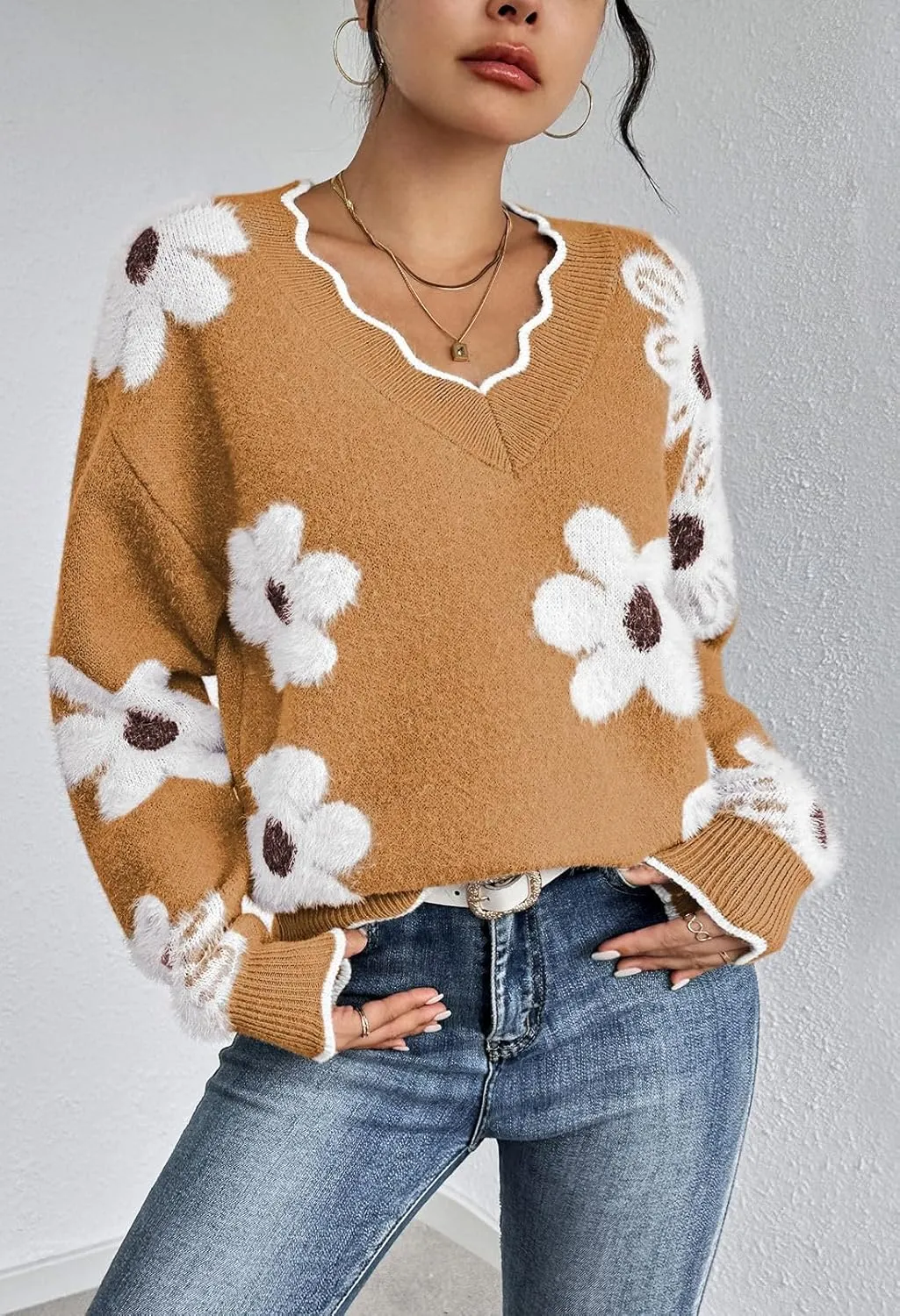 Pink Queen Women's Oversized V Neck Fuzzy Sweaters 2024 Casual Loose Long Sleeve Chunky Knit Pullover Jumper Tops