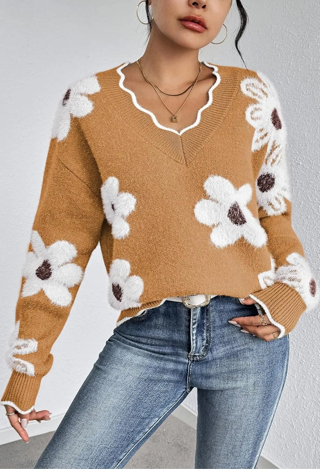 Pink Queen Women's Oversized V Neck Fuzzy Sweaters 2024 Casual Loose Long Sleeve Chunky Knit Pullover Jumper Tops