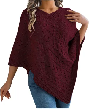 Poncho Knitted Cape Shawl Wrap Cardigan for Women Elegant Wrap V Neck Cable Knit Hollow Out Pullover Sweater Jumper Top