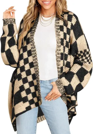 Saodimallsu Womens Checkered Sweater Color Block Plaid Cardigans Oversized Long Sleeve Knit Open Front Coats