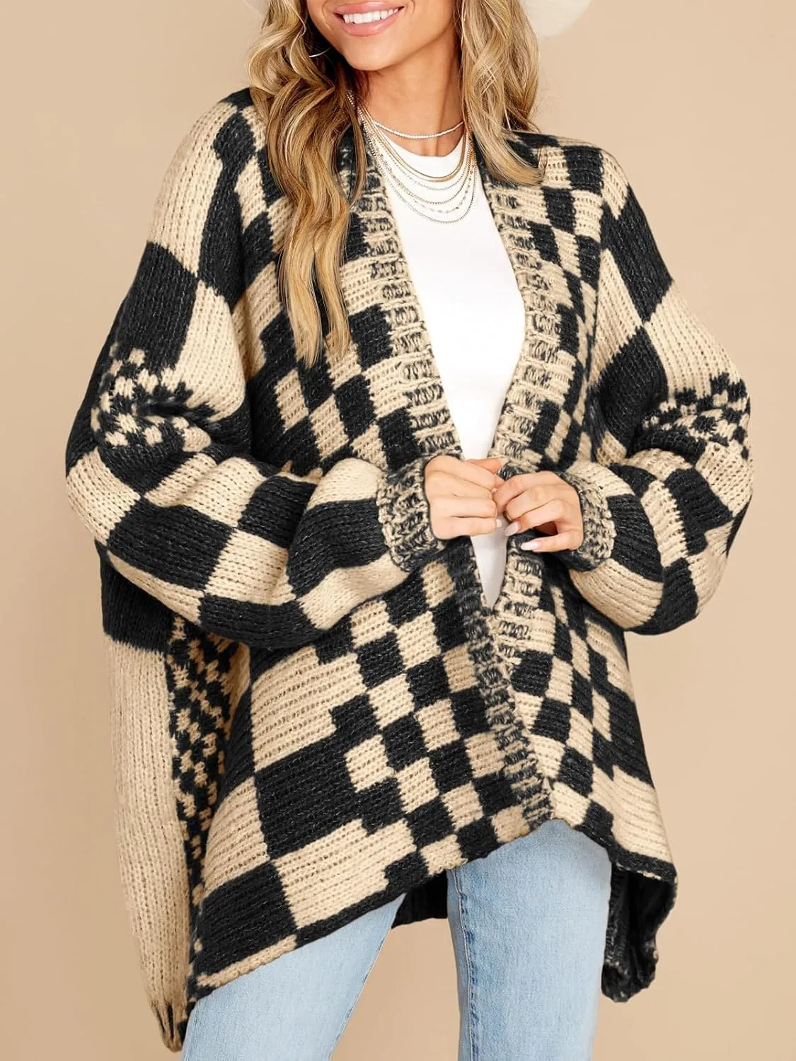 Saodimallsu Womens Checkered Sweater Color Block Plaid Cardigans Oversized Long Sleeve Knit Open Front Coats