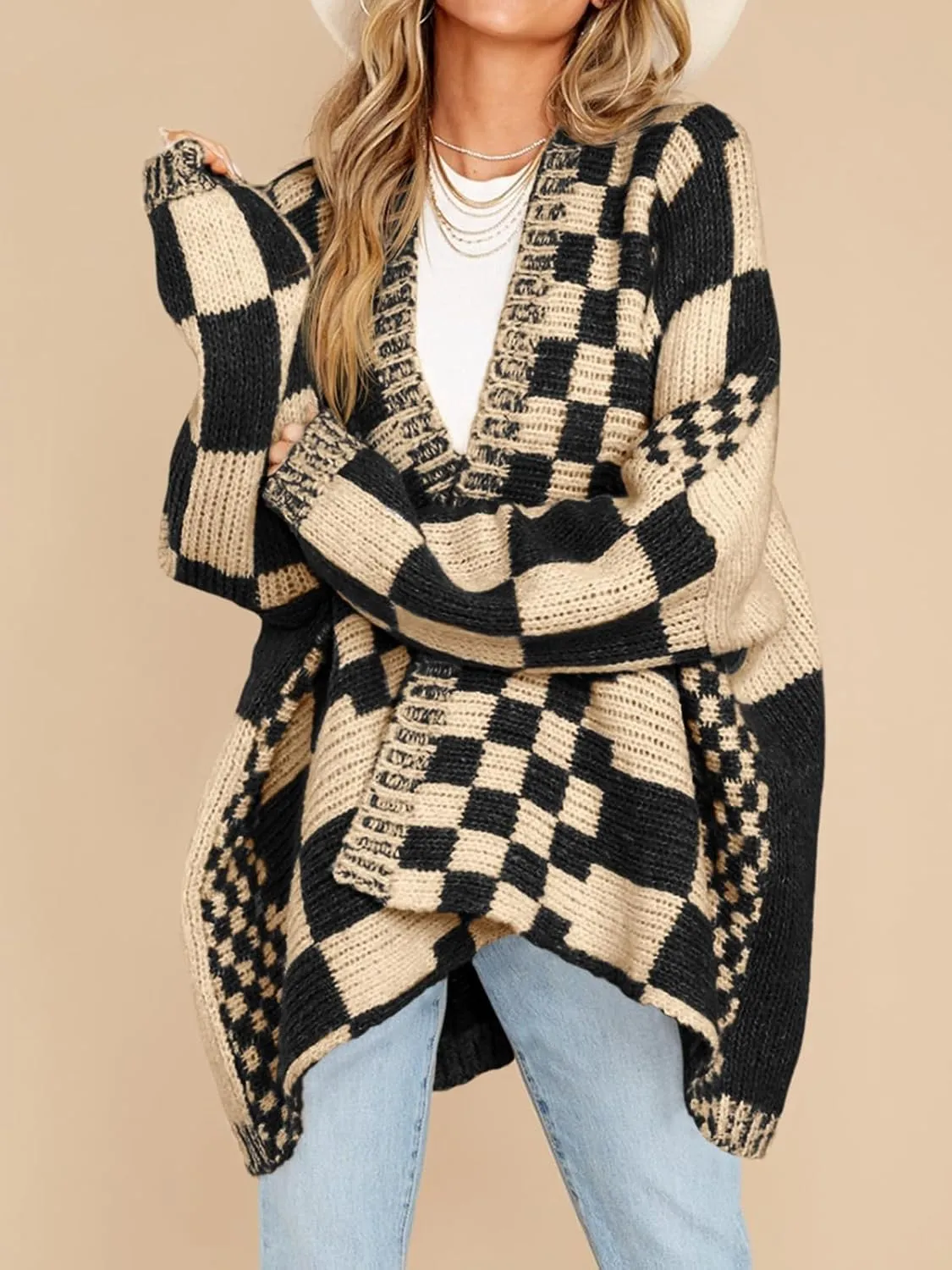 Saodimallsu Womens Checkered Sweater Color Block Plaid Cardigans Oversized Long Sleeve Knit Open Front Coats