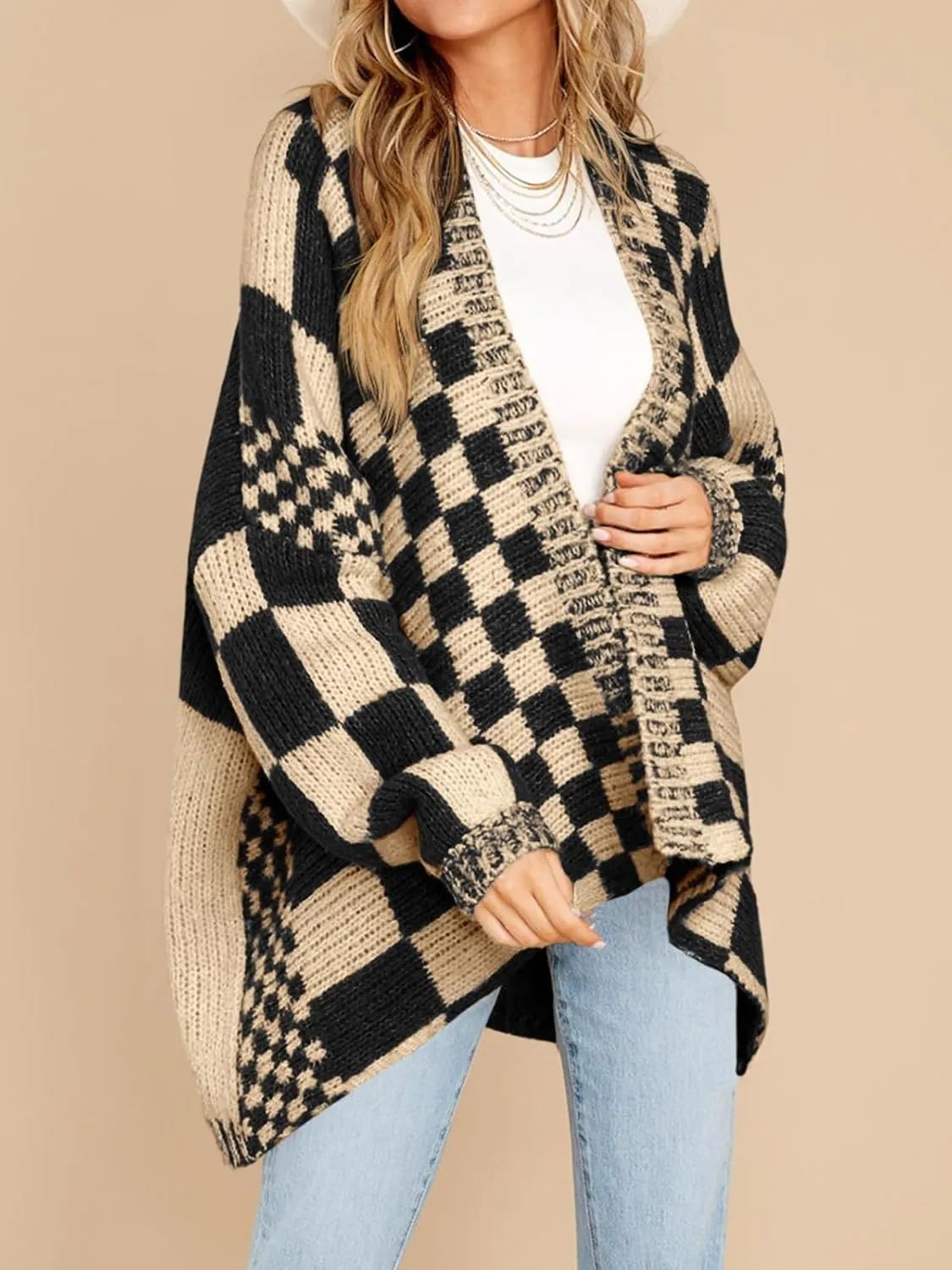 Saodimallsu Womens Checkered Sweater Color Block Plaid Cardigans Oversized Long Sleeve Knit Open Front Coats