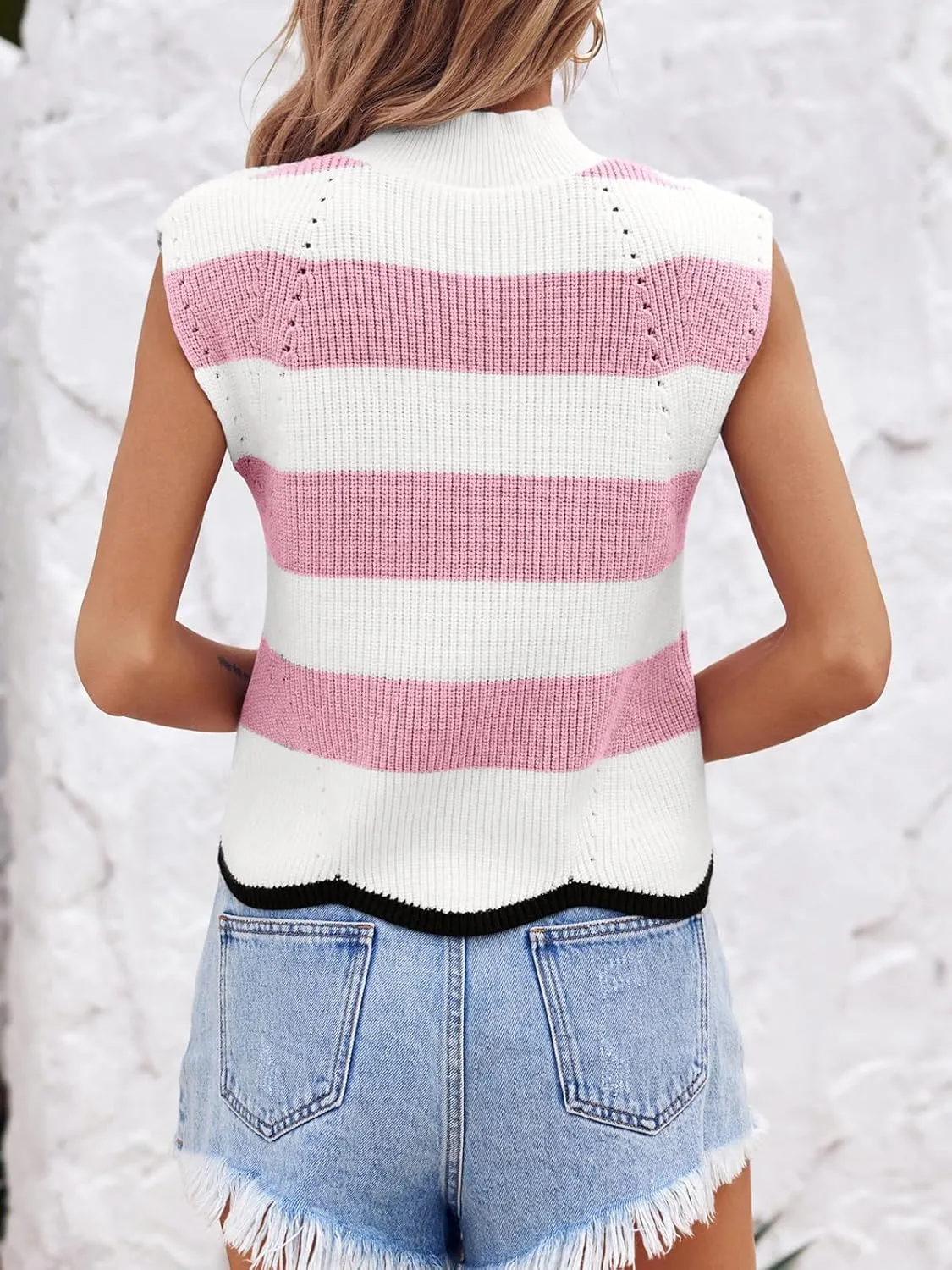 Saodimallsu Womens Striped Sweater Vest Sleeveless Mock Neck Cap Sleeve Ribbed Knit Summer Crop Tops