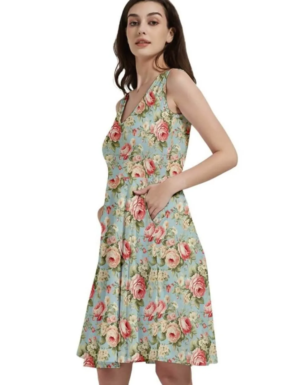 Vintage Roses V-Neck Skater Dress with Pockets