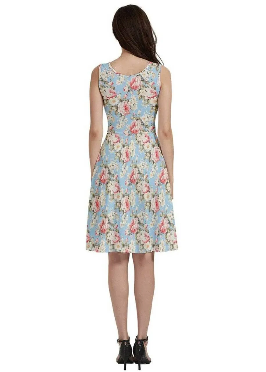 Vintage Roses V-Neck Skater Dress with Pockets
