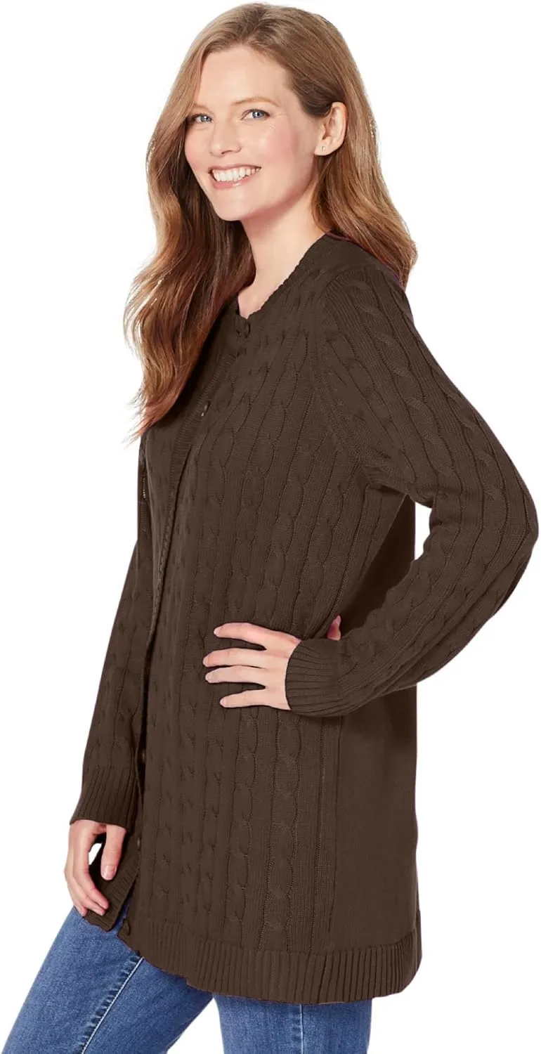 Woman Within Plus Size Cotton Cable Knit Cardigan Sweater