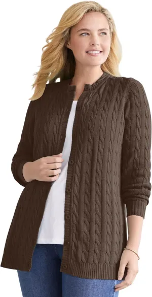 Woman Within Plus Size Cotton Cable Knit Cardigan Sweater
