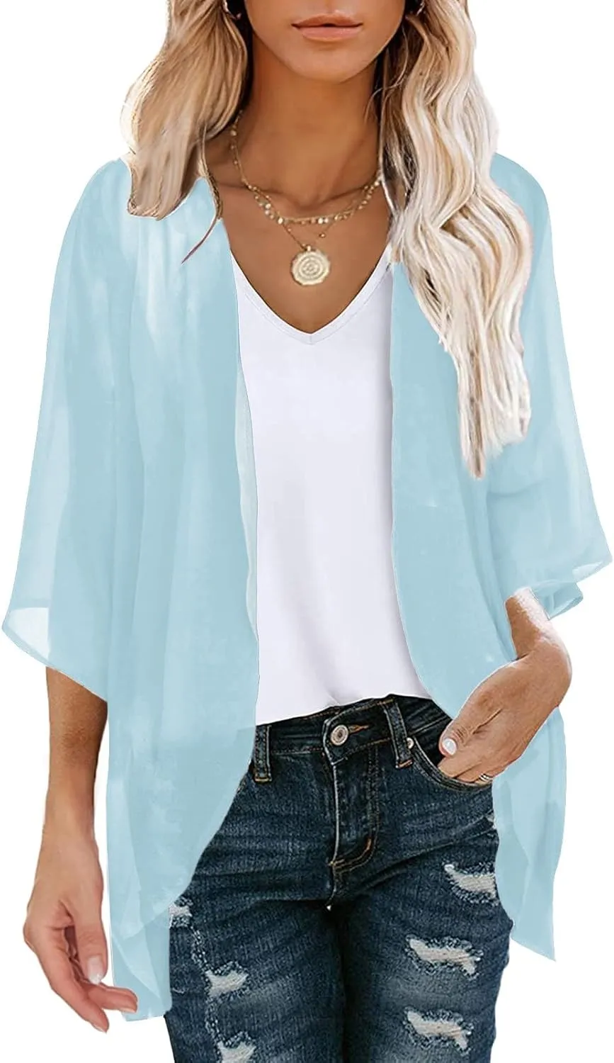 Women Chiffon Kimono Cardigan Dressy 3/4 Puff Sleeve Summer Beach Cover Up Sheer Capes Open Front Casual Shrug Blouse Tops