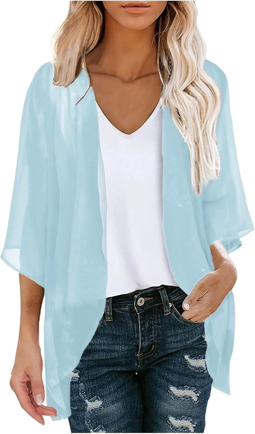 Women Chiffon Kimono Cardigan Dressy 3/4 Puff Sleeve Summer Beach Cover Up Sheer Capes Open Front Casual Shrug Blouse Tops