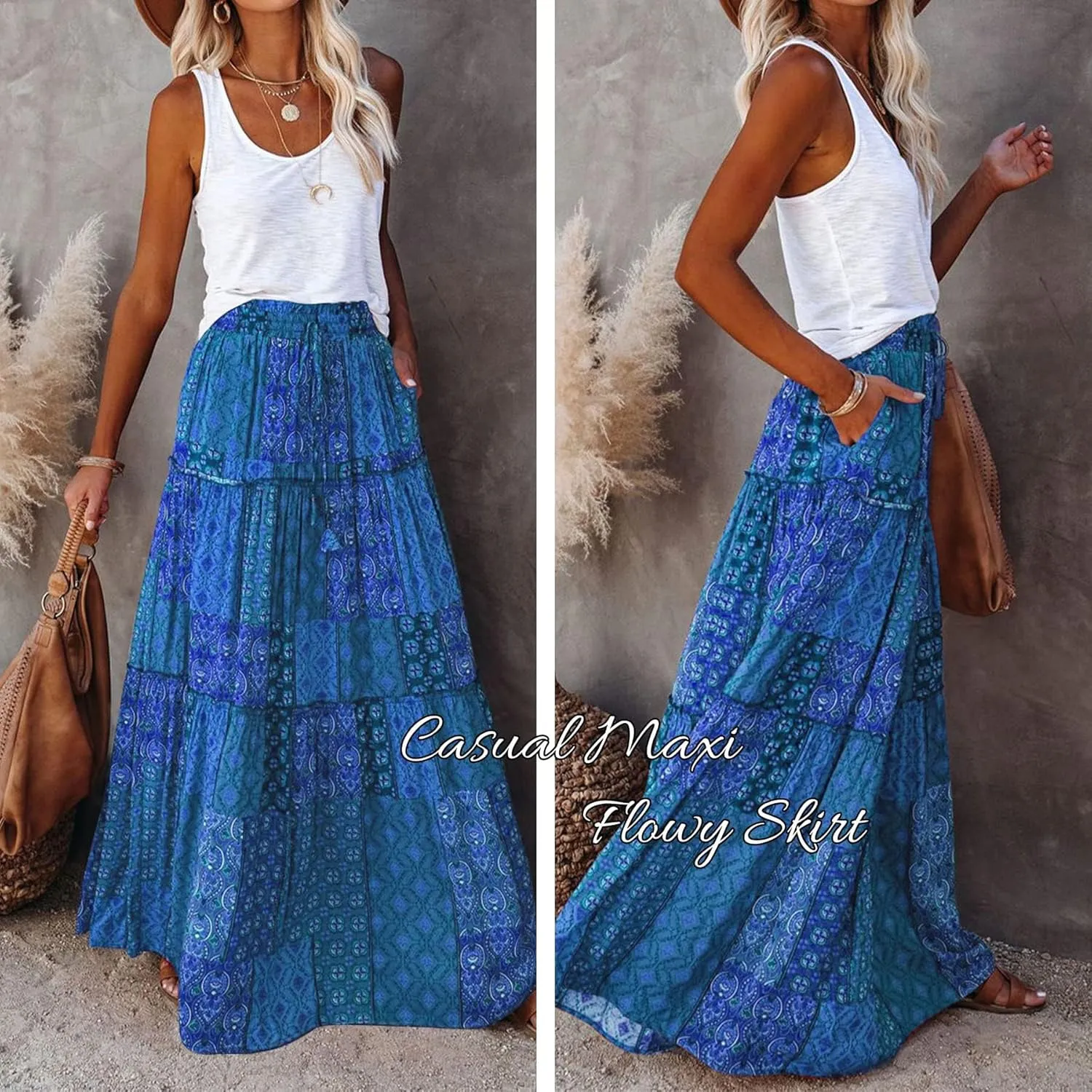 Women Flowy Boho Maxi Skirt Floral Print Pleated Ruffle Casual Long Skirt Beachwear Aesthetic Clothes