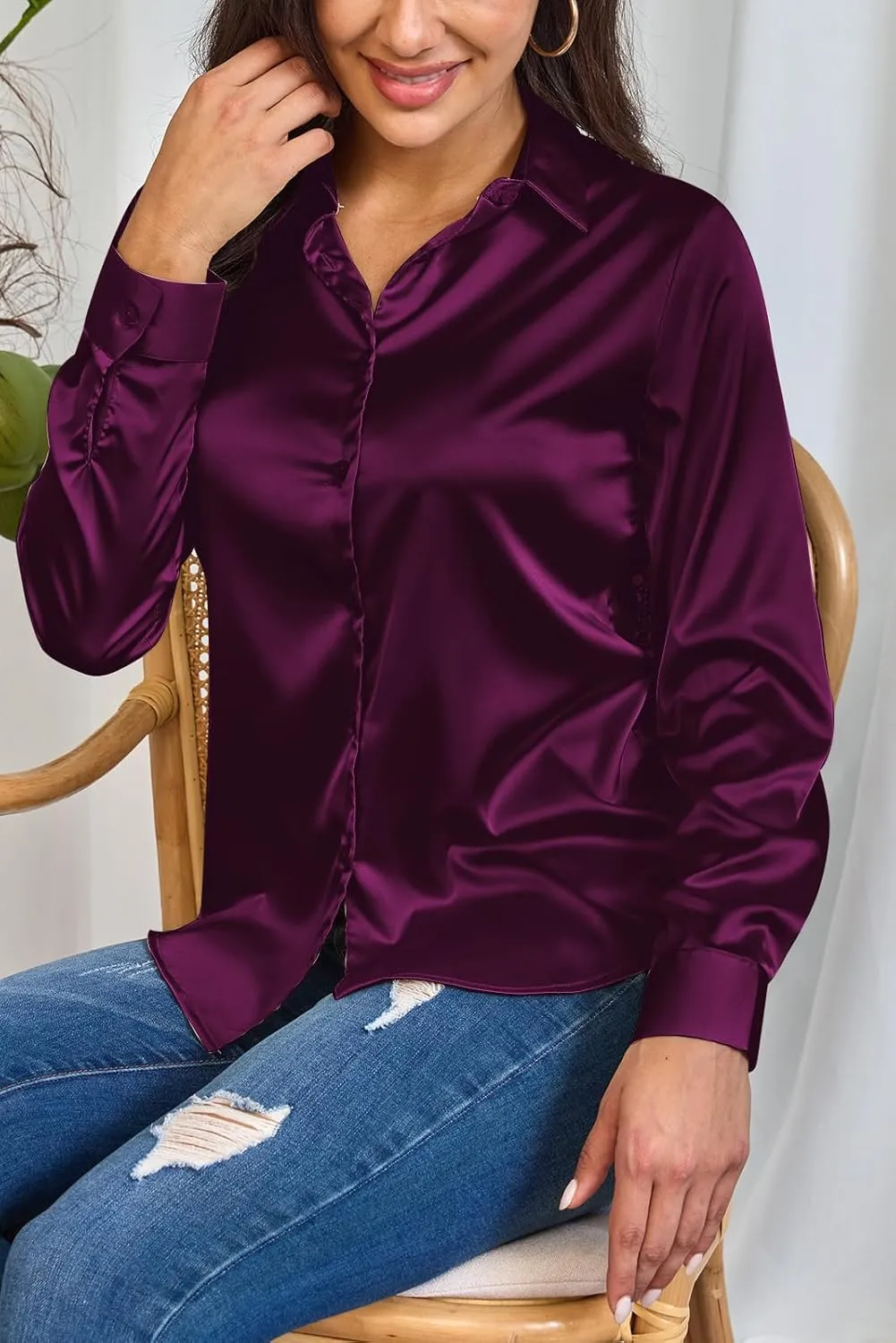 Women Silky Long Sleeve Button Down Shirts Formal Work Dress Shirt Satin Blouses Tops