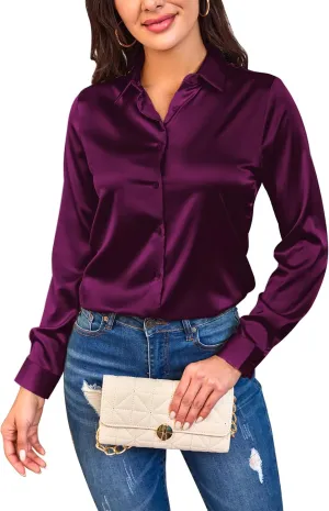 Women Silky Long Sleeve Button Down Shirts Formal Work Dress Shirt Satin Blouses Tops