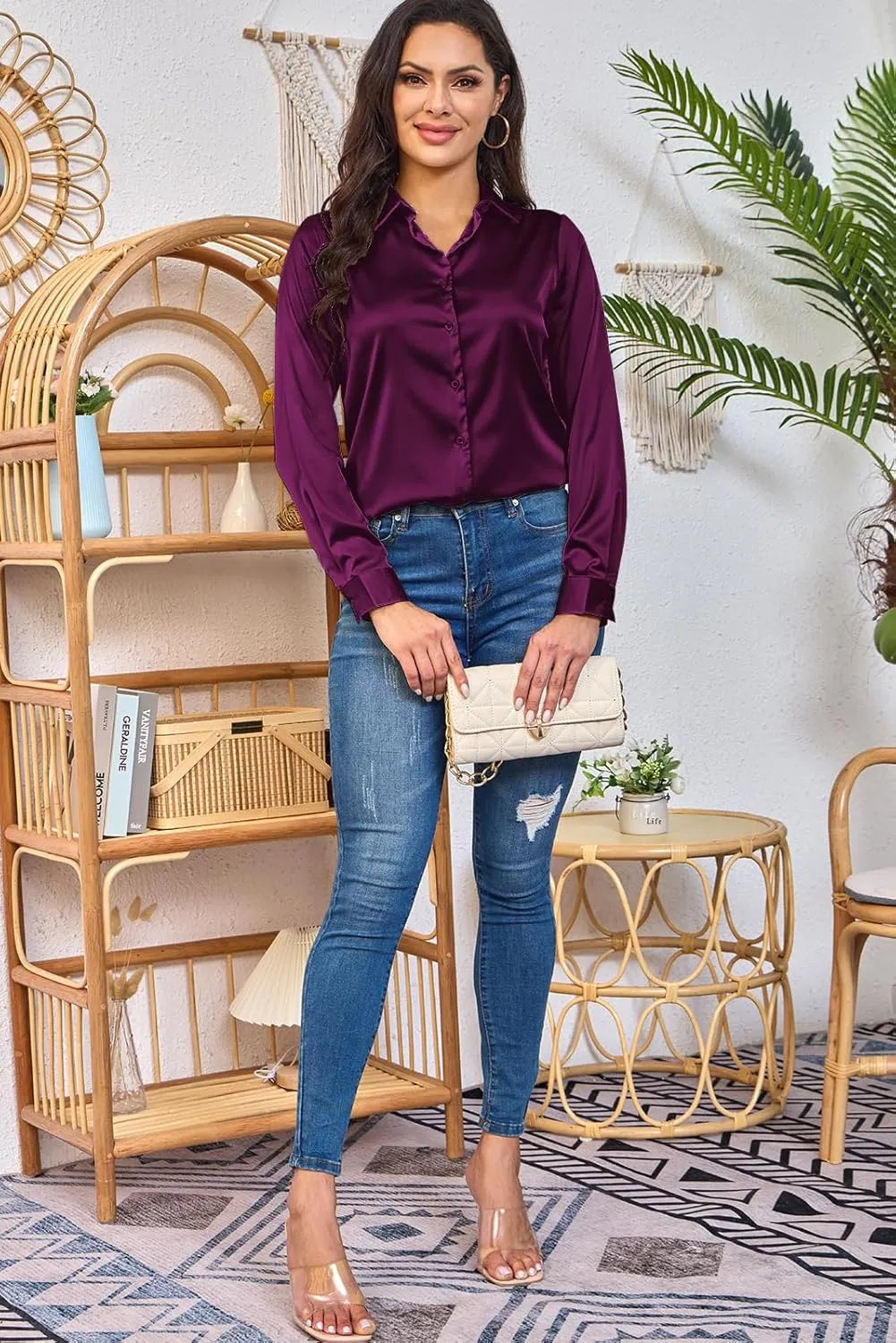 Women Silky Long Sleeve Button Down Shirts Formal Work Dress Shirt Satin Blouses Tops