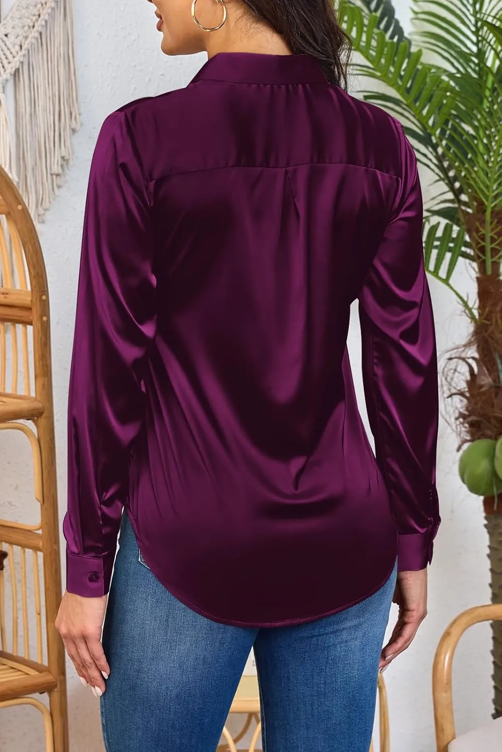 Women Silky Long Sleeve Button Down Shirts Formal Work Dress Shirt Satin Blouses Tops