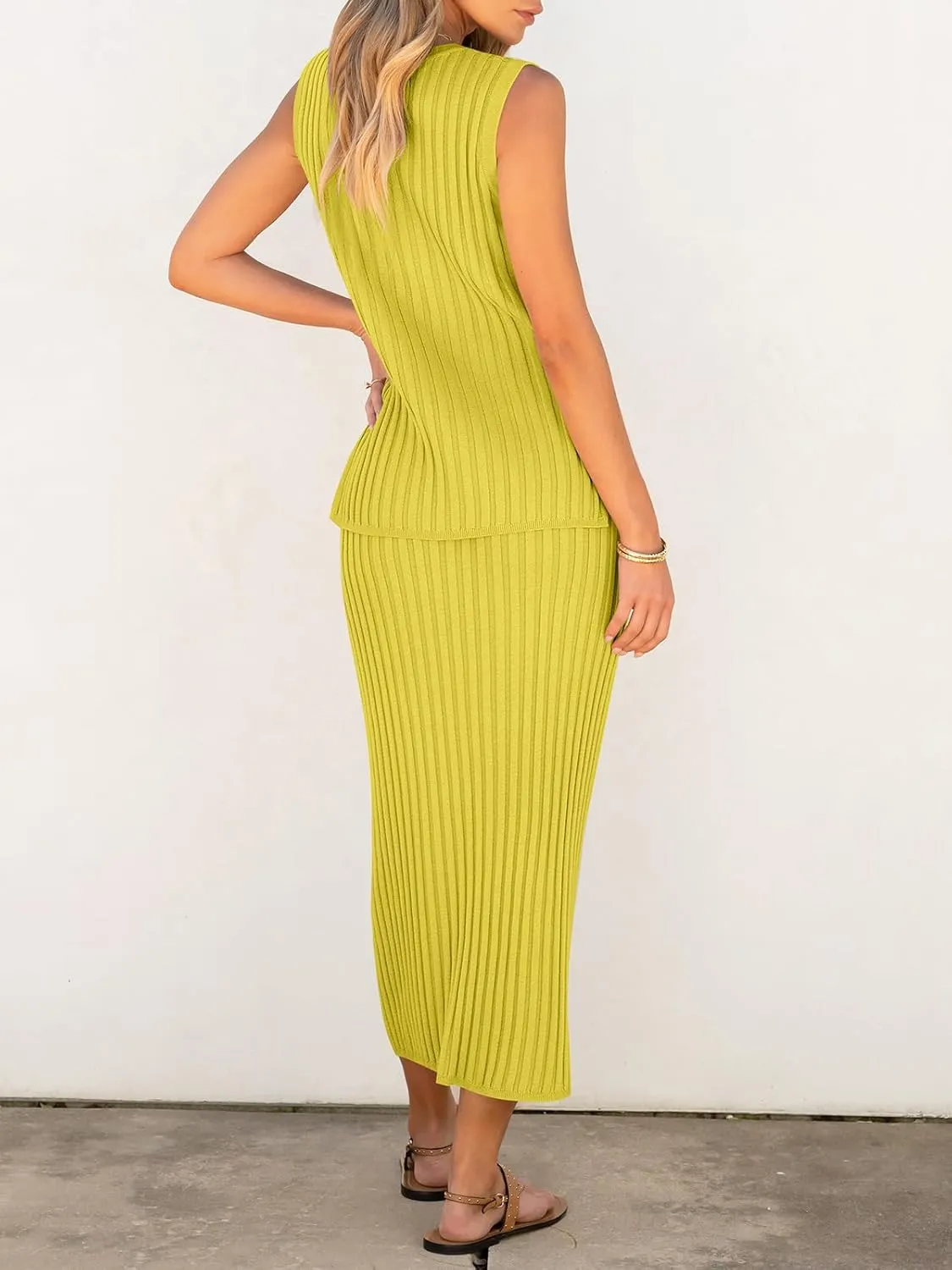 Women's 2 Piece Outfits Summer Sweater Skirt Sets Casual Sleeveless V Neck Ribbed Vest Knit Tops Midi Dress