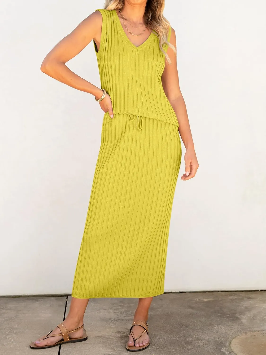 Women's 2 Piece Outfits Summer Sweater Skirt Sets Casual Sleeveless V Neck Ribbed Vest Knit Tops Midi Dress