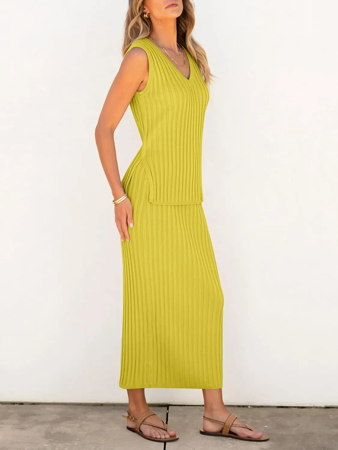 Women's 2 Piece Outfits Summer Sweater Skirt Sets Casual Sleeveless V Neck Ribbed Vest Knit Tops Midi Dress