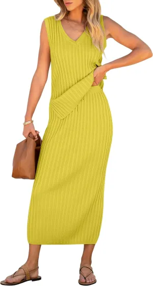 Women's 2 Piece Outfits Summer Sweater Skirt Sets Casual Sleeveless V Neck Ribbed Vest Knit Tops Midi Dress