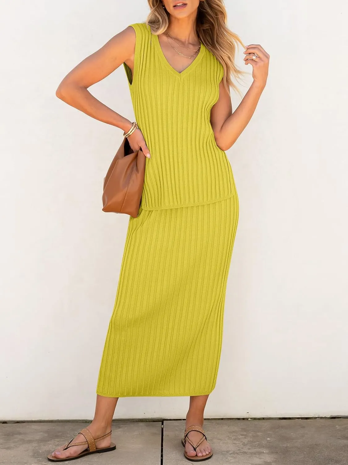 Women's 2 Piece Outfits Summer Sweater Skirt Sets Casual Sleeveless V Neck Ribbed Vest Knit Tops Midi Dress