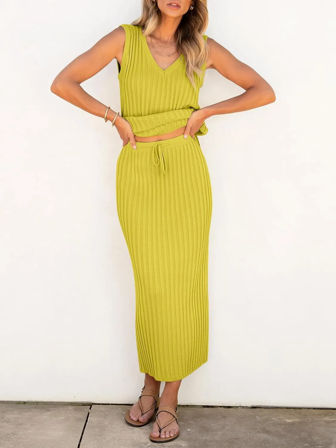 Women's 2 Piece Outfits Summer Sweater Skirt Sets Casual Sleeveless V Neck Ribbed Vest Knit Tops Midi Dress
