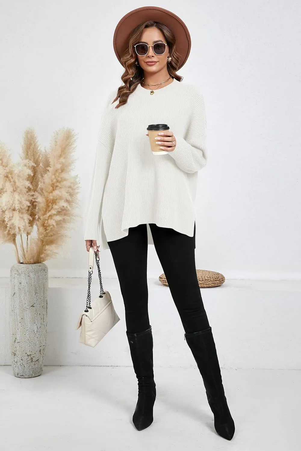 Women's Batwing Long Sleeve Oversized Sweaters Fall Loose Fit Knitted Side Slit Pullover Tops